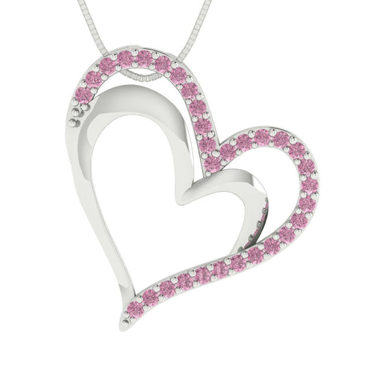 0.31 tcw Necklace Pendant - 14K White Gold Round Cut Charm Pink - Adjustable Length - 15in Box Chain to 18in