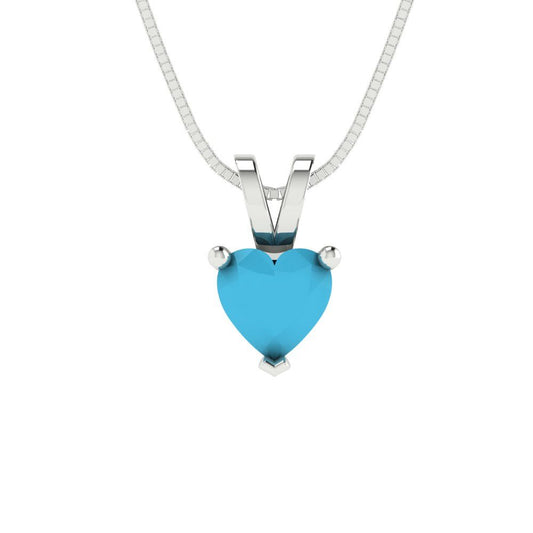 0.5 tcw Necklace Pendant - 14K White Gold Heart Cut Solitaire  Turquoise - Adjustable Length - 15in Box Chain to 18in