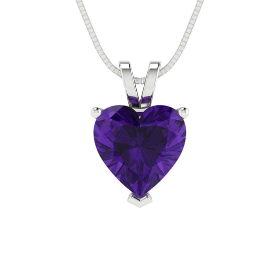 2 tcw Necklace Pendant - 14K White Gold Heart Cut Solitaire  Amethyst - Adjustable Length - 15in Box Chain to 18in