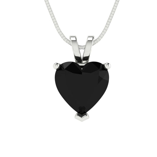 2 tcw Necklace Pendant - 14K White Gold Heart Cut Solitaire  Onyx - Adjustable Length - 15in Box Chain to 18in