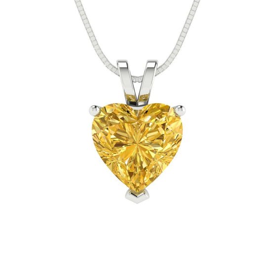 2 tcw Necklace Pendant - 14K White Gold Heart Cut Solitaire  Yellow - Adjustable Length - 15in Box Chain to 18in