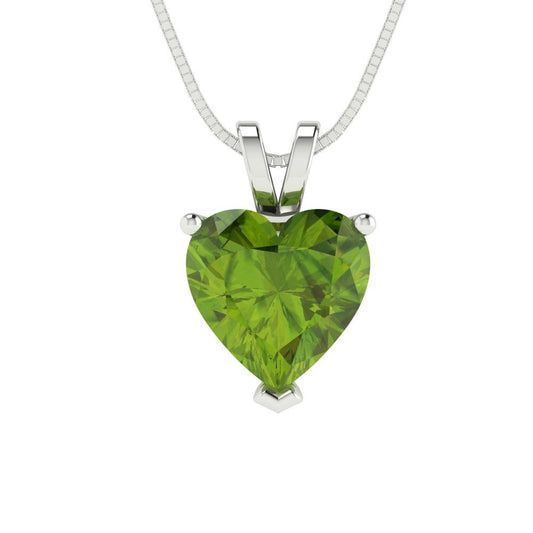 2 tcw Necklace Pendant - 14K White Gold Heart Cut Solitaire  Peridot - Adjustable Length - 15in Box Chain to 18in