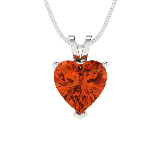 2 tcw Necklace Pendant - 14K White Gold Heart Cut Solitaire  Red - Adjustable Length - 15in Box Chain to 18in