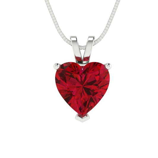 2 tcw Necklace Pendant - 14K White Gold Heart Cut Solitaire  Ruby - Adjustable Length - 15in Box Chain to 18in