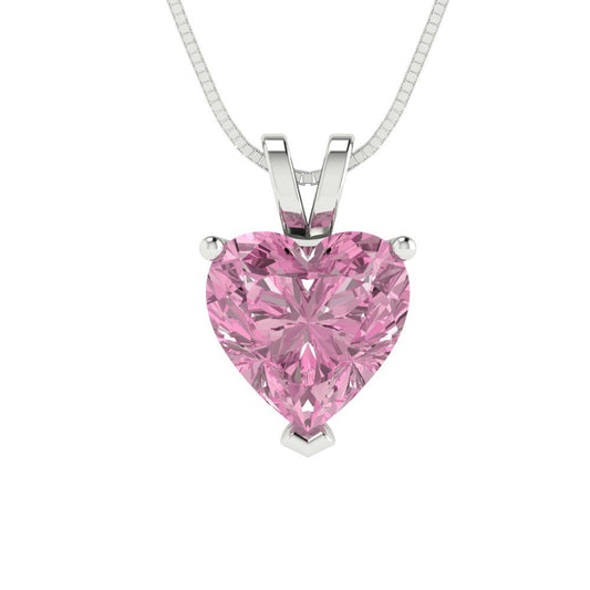 2 tcw Necklace Pendant - 14K White Gold Heart Cut Solitaire  Pink - Adjustable Length - 15in Box Chain to 18in
