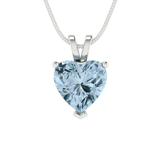 2 tcw Necklace Pendant - 14K White Gold Heart Cut Solitaire  Aquamarine - Adjustable Length - 15in Box Chain to 18in