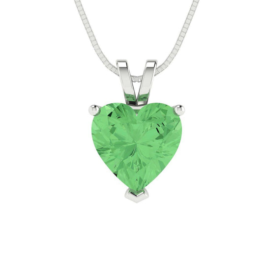 2 tcw Necklace Pendant - 14K White Gold Heart Cut Solitaire  Green - Adjustable Length - 15in Box Chain to 18in