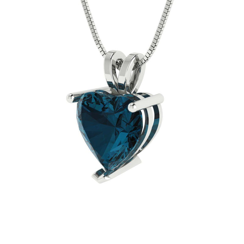 2 ct Brilliant Heart Cut Solitaire Natural London Blue Topaz Stone White Gold Pendant with 16" Chain