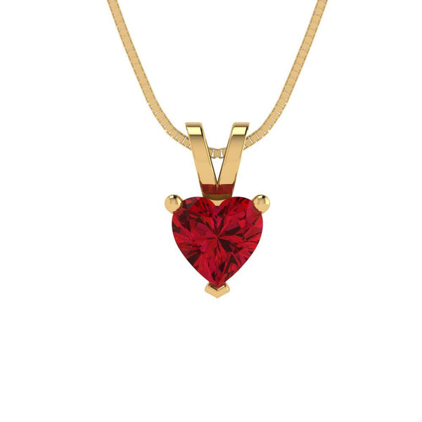 0.5 ct Brilliant Heart Cut Solitaire Simulated Ruby Stone Yellow Gold Pendant with 16" Chain