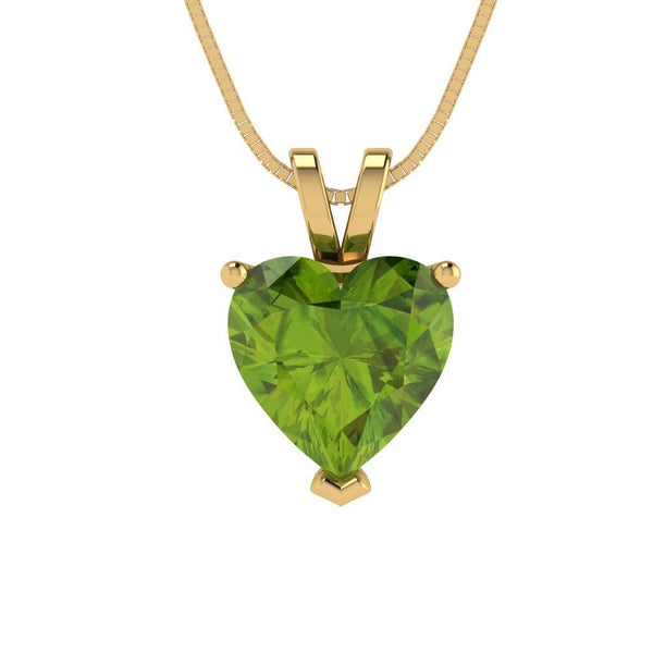 2 ct Brilliant Heart Cut Solitaire Natural Peridot Stone Yellow Gold Pendant with 16" Chain