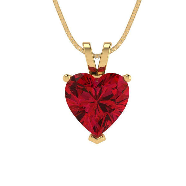 2 ct Brilliant Heart Cut Solitaire Simulated Ruby Stone Yellow Gold Pendant with 16" Chain