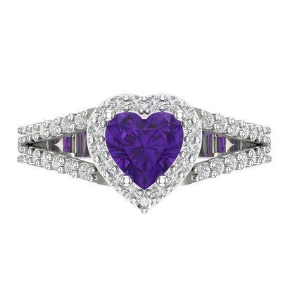 1.49 cttw Natural Amethyst Hidden Halo Engagement Ring - Solid White Gold (VVS1, Heart Cut,6.5mm)