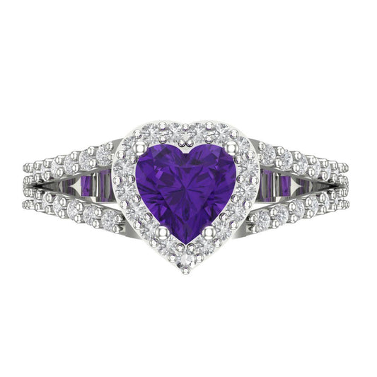 1.49 cttw Natural Amethyst Hidden Halo Engagement Ring - Solid White Gold (VVS1, Heart Cut,6.5mm)