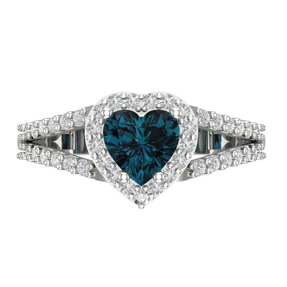 1.49 cttw Natural London Blue Topaz Hidden Halo Engagement Ring - Solid White Gold (VVS1, Heart Cut,6.5mm)