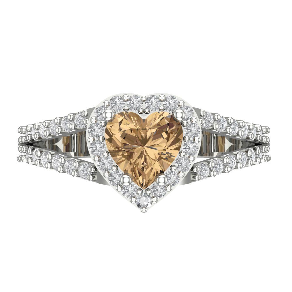 1.49 cttw Zirconia Simulated Champagne Diamond Hidden Halo Engagement Ring - Solid White Gold (VVS1, Heart Cut,6.5mm)