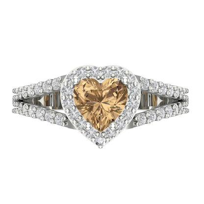 1.49 cttw Zirconia Simulated Champagne Diamond Hidden Halo Engagement Ring - Solid White Gold (VVS1, Heart Cut,6.5mm)