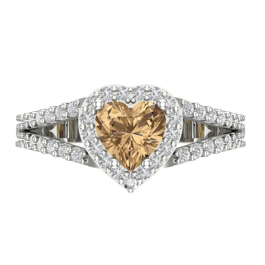 1.49 cttw Zirconia Simulated Champagne Diamond Hidden Halo Engagement Ring - Solid White Gold (VVS1, Heart Cut,6.5mm)
