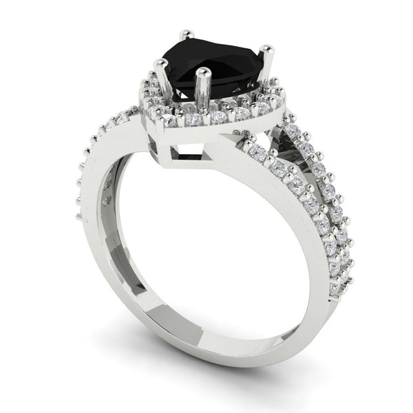 1.49 ct Brilliant Heart Cut Natural Onyx Stone White Gold Halo Solitaire with Accents Ring