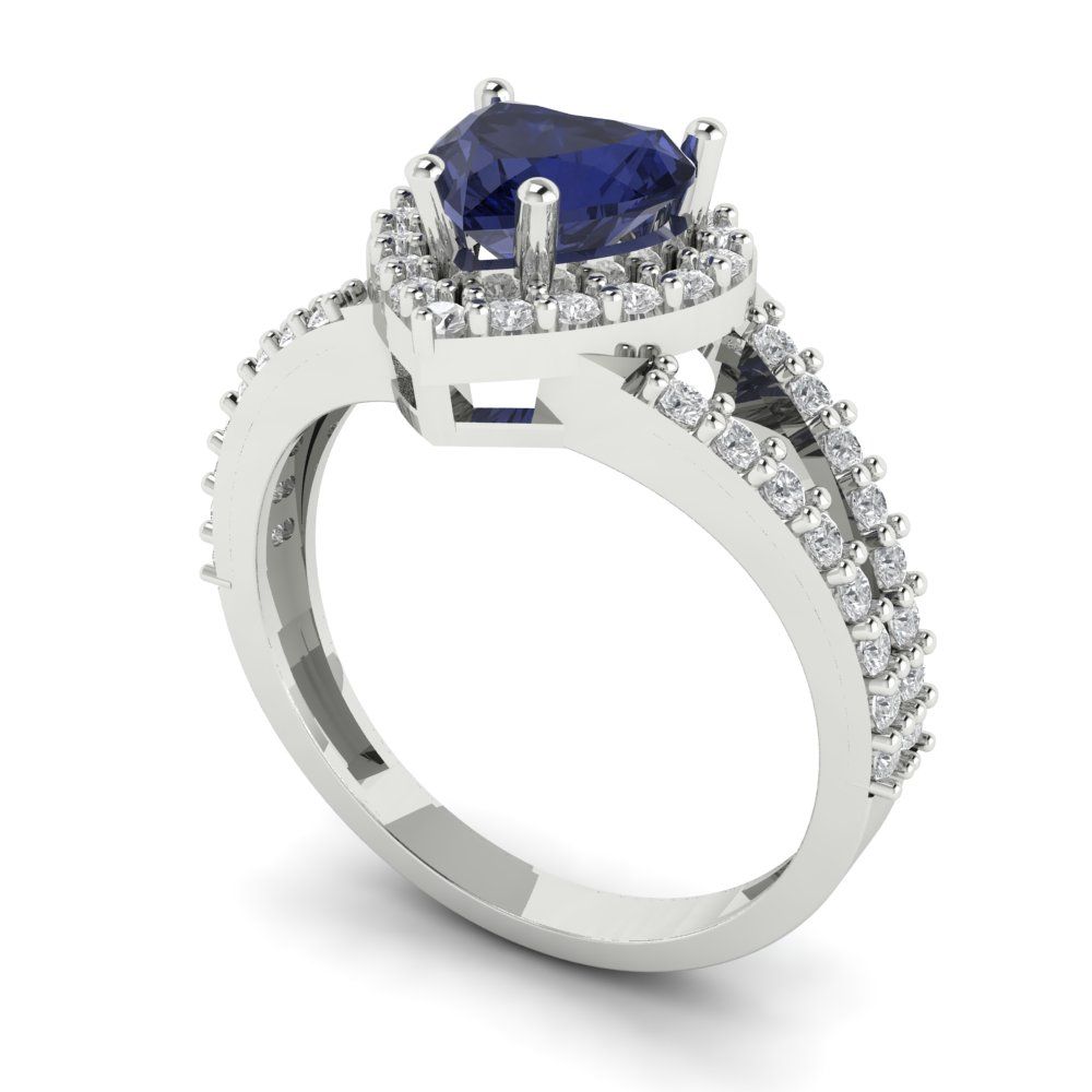 1.49 cttw Simulated Blue Sapphire Hidden Halo Engagement Ring - Solid White Gold (VVS1, Heart Cut,6.5mm)