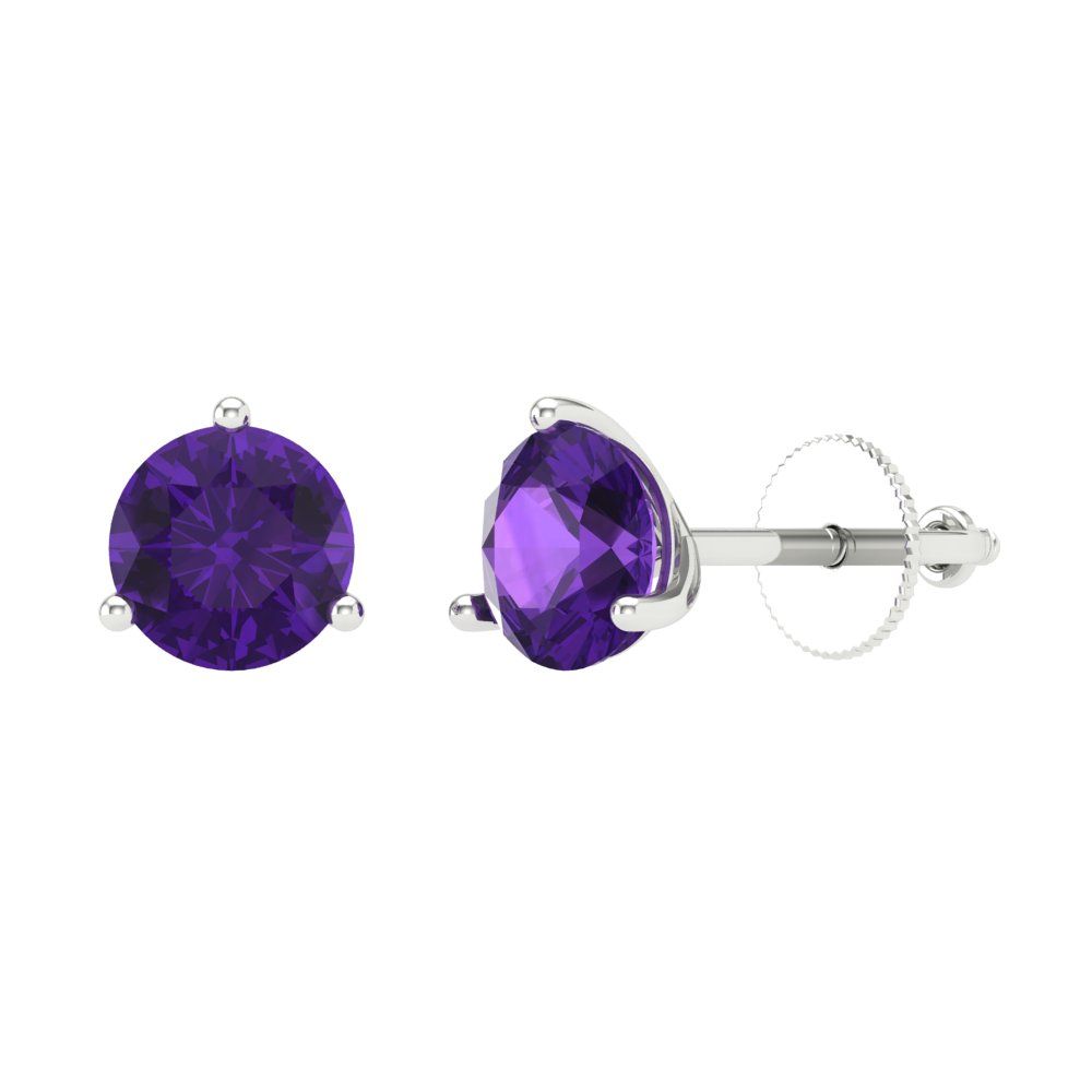 2 ctw Amethyst Studs Earrings | 6.5mm Round Cut White Gold Screw back | February Birthstone