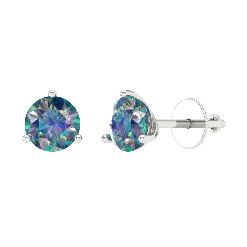 2 ctw Blue Moissanite Studs Earrings | 6.5mm Round Cut White Gold Screw back | April Birthstone