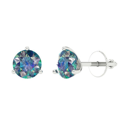 2 ctw Blue Moissanite Studs Earrings | 6.5mm Round Cut White Gold Screw back | April Birthstone