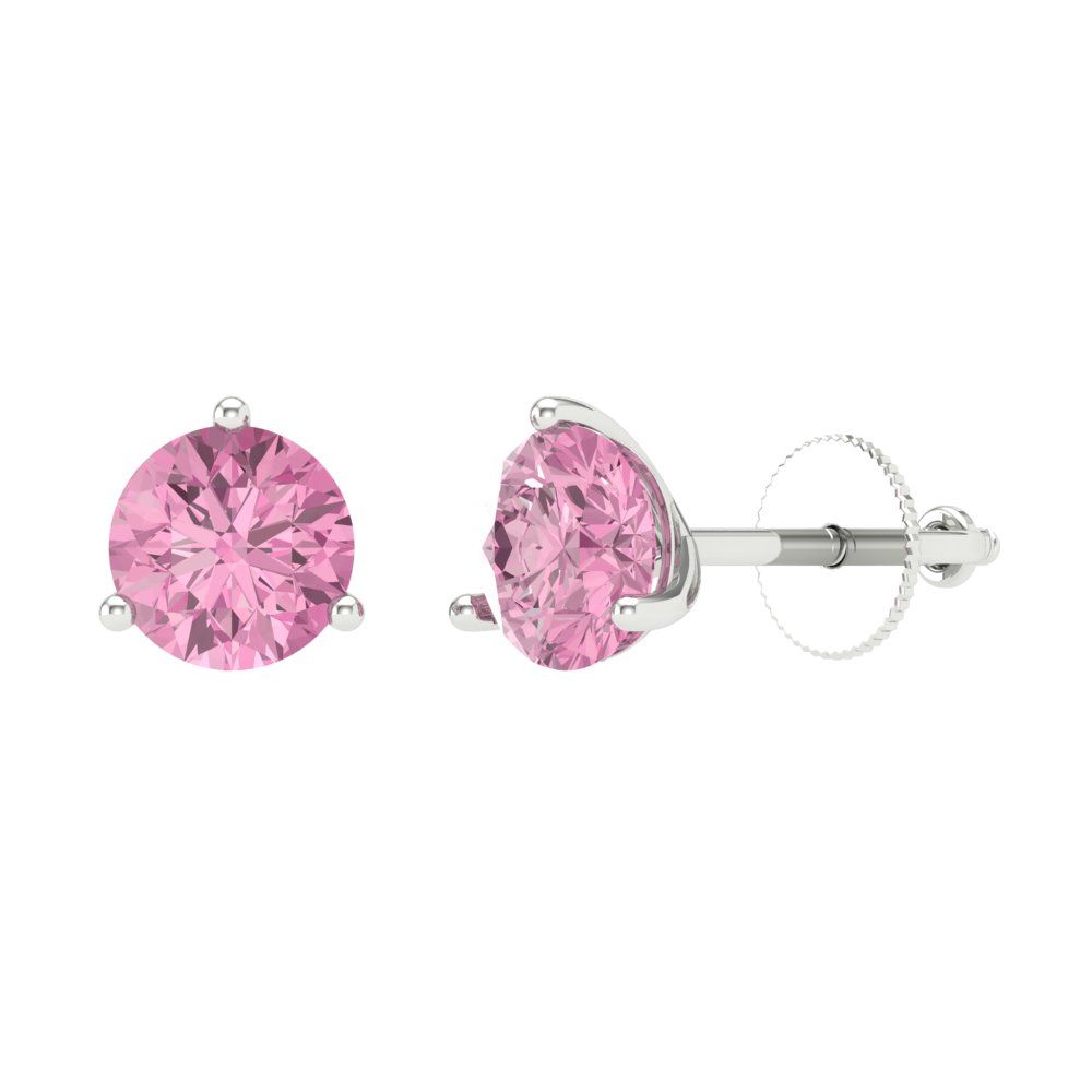 2 ctw Pink Zirconia Studs Earrings | 6.5mm Round Cut White Gold Screw back | April Birthstone