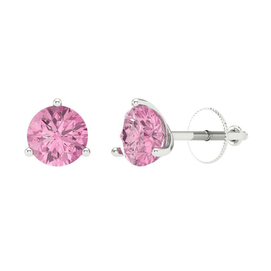 2 ctw Pink Zirconia Studs Earrings | 6.5mm Round Cut White Gold Screw back | April Birthstone