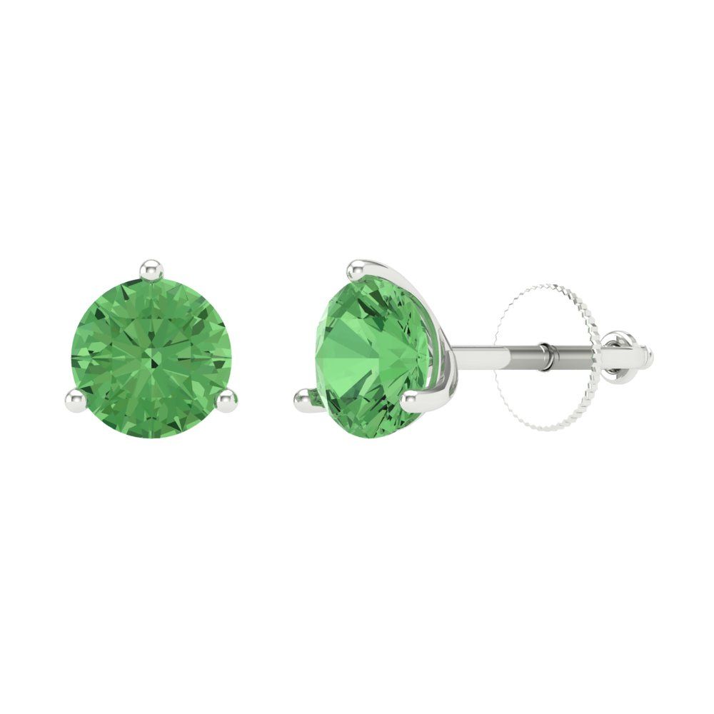 2 ctw Green Zirconia Studs Earrings | 6.5mm Round Cut White Gold Screw back | April Birthstone
