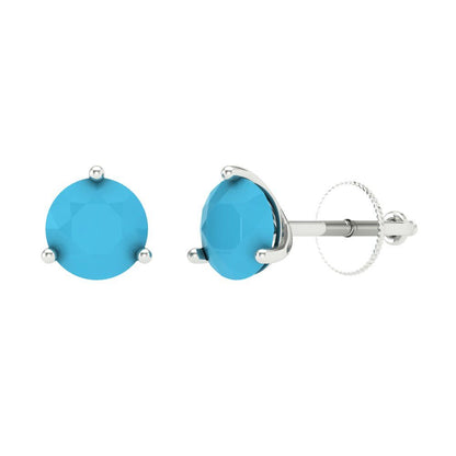 2 ctw Turquoise Studs Earrings | 6.5mm Round Cut White Gold Screw back | December Birthstone