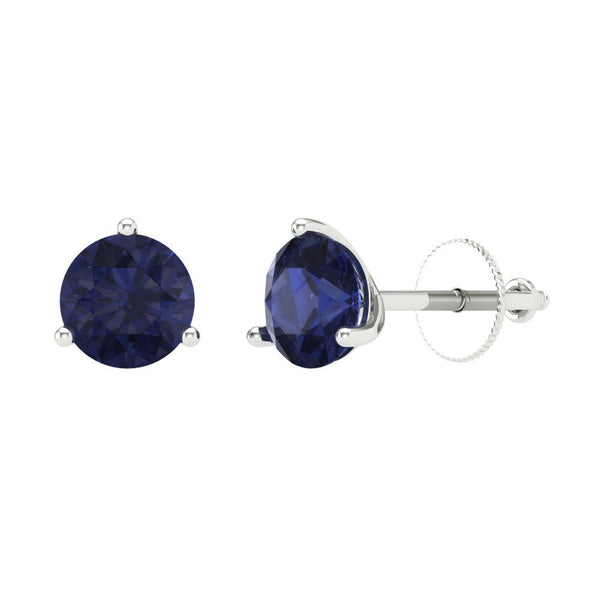 2 ctw Blue Sapphire Studs Earrings | 6.5mm Round Cut White Gold Screw back | September Birthstone