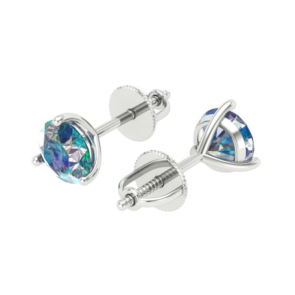 2 ctw Blue Moissanite Studs Earrings | 6.5mm Round Cut White Gold Screw back | April Birthstone