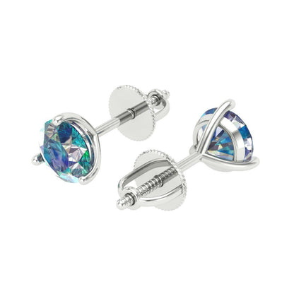 2 ctw Blue Moissanite Studs Earrings | 6.5mm Round Cut White Gold Screw back | April Birthstone