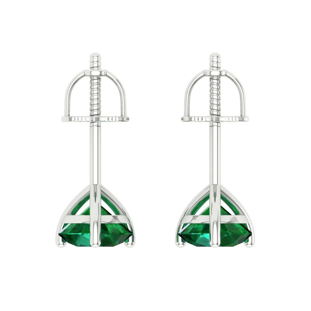 2 ctw Emerald Studs Earrings | 6.5mm Round Cut White Gold Screw back | May Birthstone