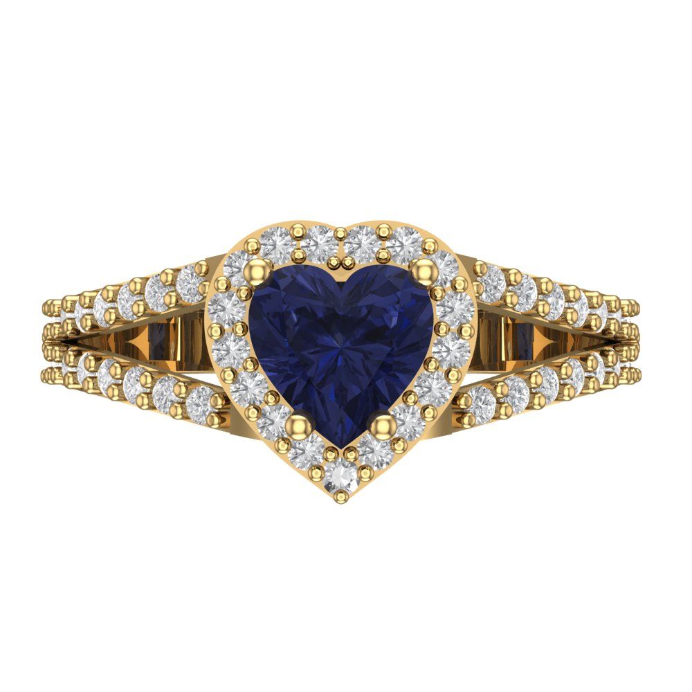 1.49 cttw Simulated Blue Sapphire Hidden Halo Engagement Ring - Solid Yellow Gold (VVS1, Heart Cut,6.5mm)