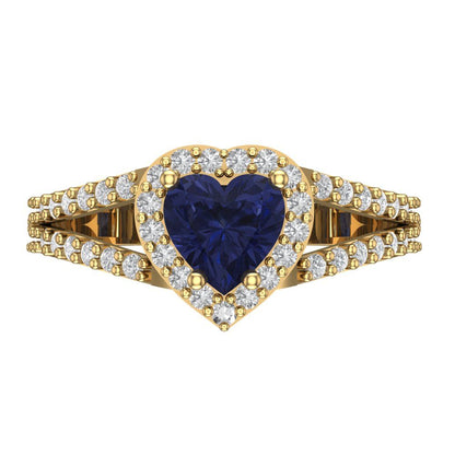 1.49 cttw Simulated Blue Sapphire Hidden Halo Engagement Ring - Solid Yellow Gold (VVS1, Heart Cut,6.5mm)