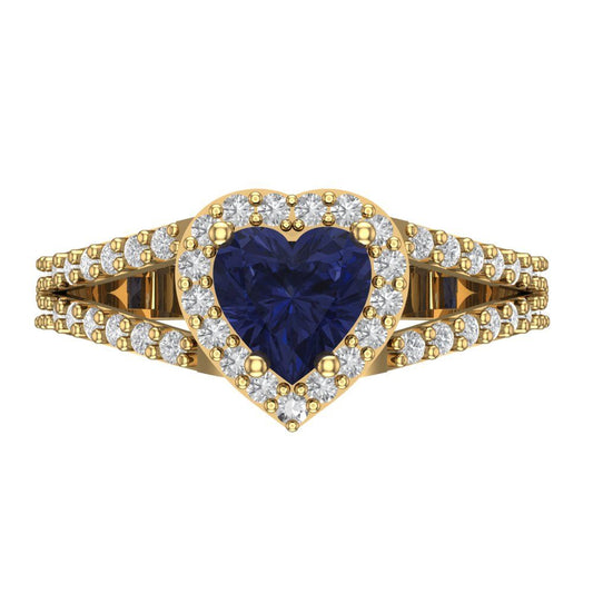 1.49 cttw Simulated Blue Sapphire Hidden Halo Engagement Ring - Solid Yellow Gold (VVS1, Heart Cut,6.5mm)