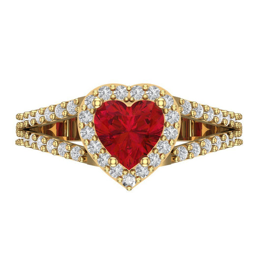 1.49 cttw Simulated Ruby Hidden Halo Engagement Ring - Solid Yellow Gold (VVS1, Heart Cut,6.5mm)
