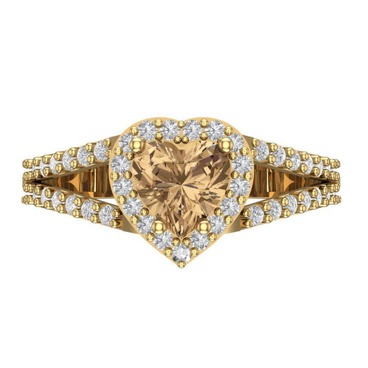 1.49 cttw Zirconia Simulated Champagne Diamond Hidden Halo Engagement Ring - Solid Yellow Gold (VVS1, Heart Cut,6.5mm)