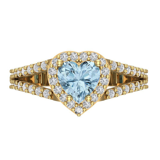 1.49 cttw Zirconia Simulated Blue Diamond Hidden Halo Engagement Ring - Solid Yellow Gold (VVS1, Heart Cut,6.5mm)