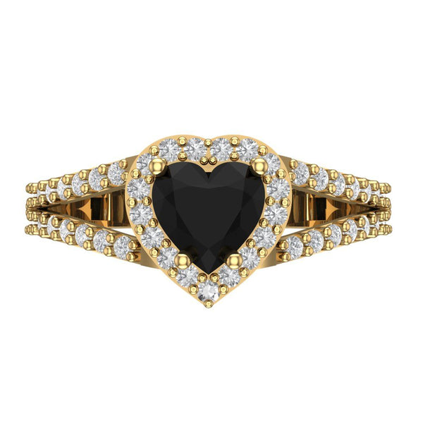 1.49 ct Brilliant Heart Cut Natural Onyx Stone Yellow Gold Halo Solitaire with Accents Ring