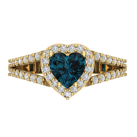 1.49 cttw Natural London Blue Topaz Hidden Halo Engagement Ring - Solid Yellow Gold (VVS1, Heart Cut,6.5mm)