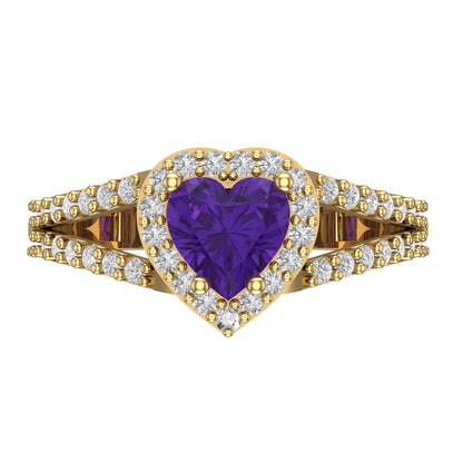 1.49 cttw Natural Amethyst Hidden Halo Engagement Ring - Solid Yellow Gold (VVS1, Heart Cut,6.5mm)