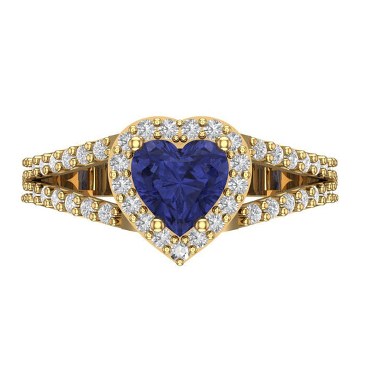 1.49 cttw Simulated Tanzanite Hidden Halo Engagement Ring - Solid Yellow Gold (VVS1, Heart Cut,6.5mm)