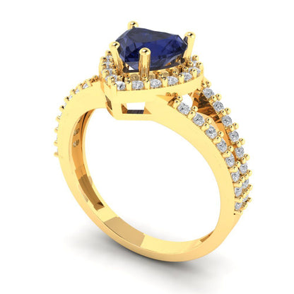 1.49 cttw Simulated Blue Sapphire Hidden Halo Engagement Ring - Solid Yellow Gold (VVS1, Heart Cut,6.5mm)