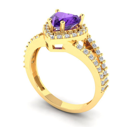1.49 cttw Natural Amethyst Hidden Halo Engagement Ring - Solid Yellow Gold (VVS1, Heart Cut,6.5mm)