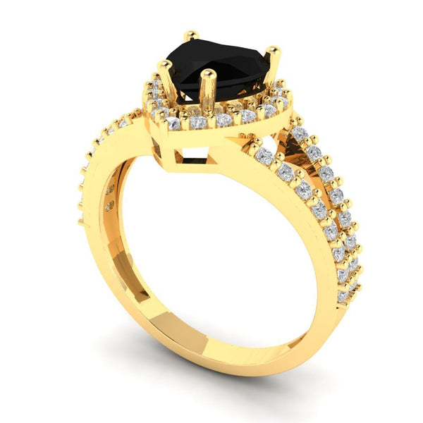 1.49 ct Brilliant Heart Cut Natural Onyx Stone Yellow Gold Halo Solitaire with Accents Ring