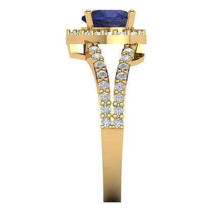 1.49 cttw Simulated Blue Sapphire Hidden Halo Engagement Ring - Solid Yellow Gold (VVS1, Heart Cut,6.5mm)