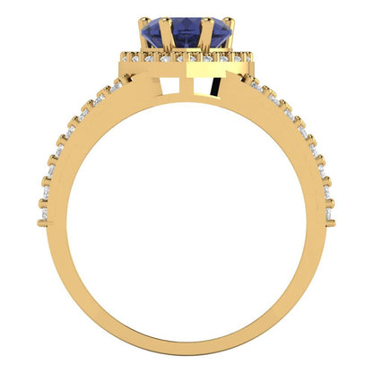 1.49 cttw Simulated Blue Sapphire Hidden Halo Engagement Ring - Solid Yellow Gold (VVS1, Heart Cut,6.5mm)