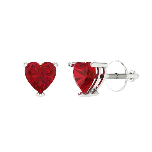 1 ctw Ruby Studs Earrings | 5mm Heart Cut White Gold Screw back | July Birthstone